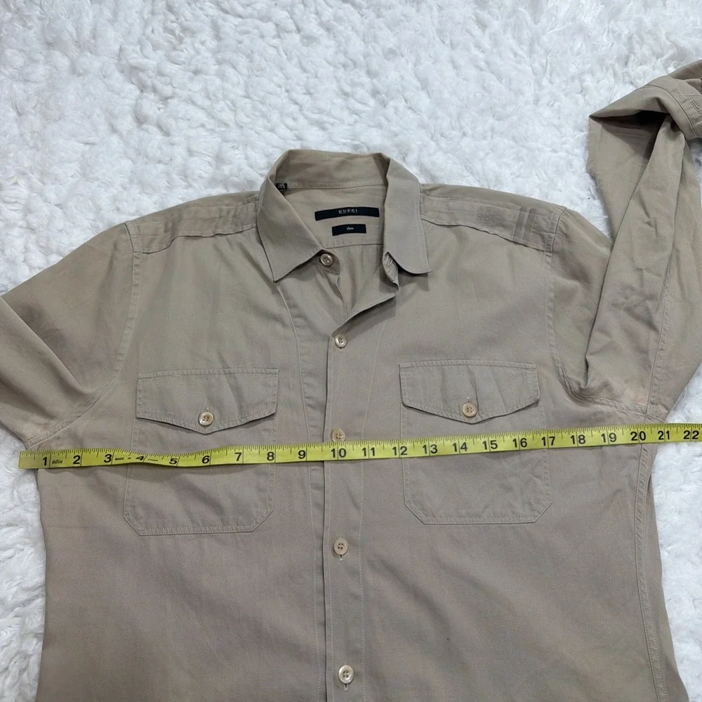 GUCCI Mens Shirt 39 15.5 Beige Long Sleeve Button Made in Italy Logo Safari Rare